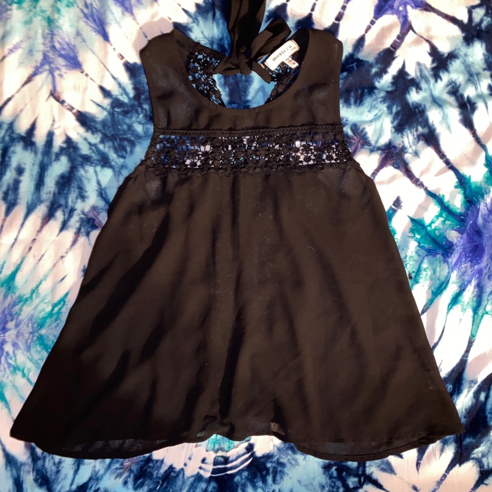 Black open back lace tank top